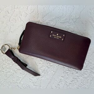 Kate Spade New York Burgundy Pebbled Leather Long Zip Continental Wallet 8” X 4”